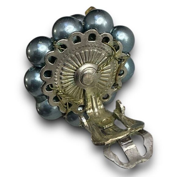 Vintage Classy Silver Tone Blue Green Pearl Bead Cluster Clip On Earrings Marked - Picture 3 of 7